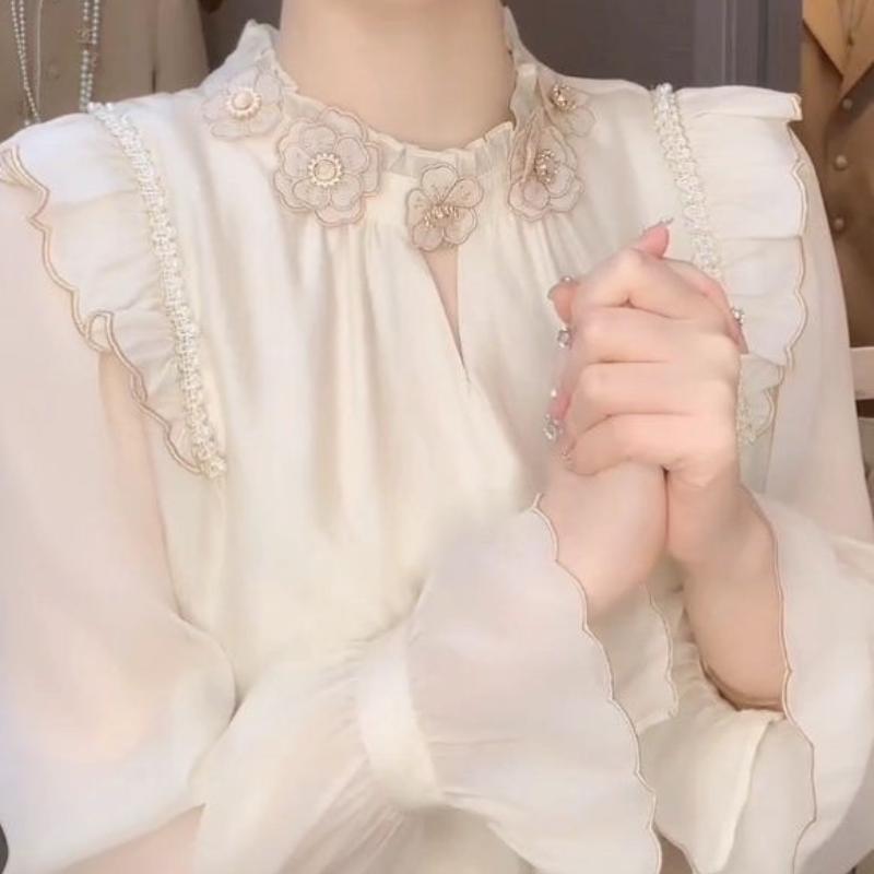 Wood Ear Edge Embroidered Top Spring New Fashion Temperament Loose Long Sleeve Solid Color Bottoming Shirt