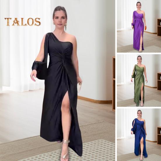 Lady Evening Dress One Shoulder Single Open Sleeve Split Hem Solid Color Slim Waist Pleated Knot Decor Solid Color Prom Cocktail Party Maxi Dress