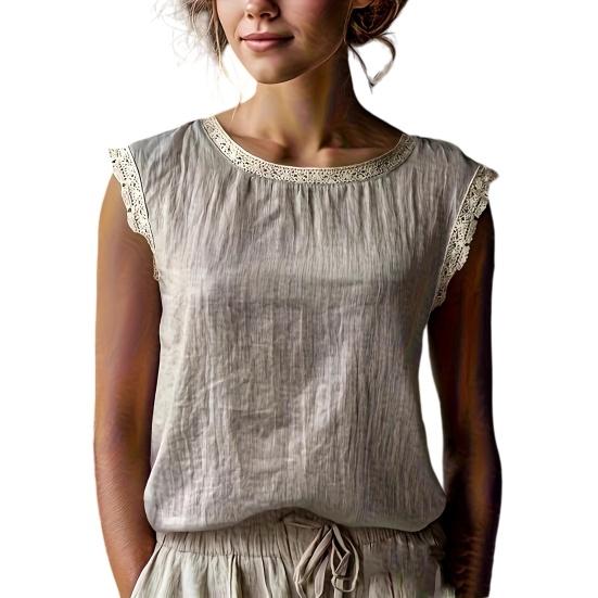 

Women Tops Round Neck Sleeveless Loose Fit Summer Casual Vest Pure Color Lace Splicing Pullover Tops Daily Wear M абрикосовый