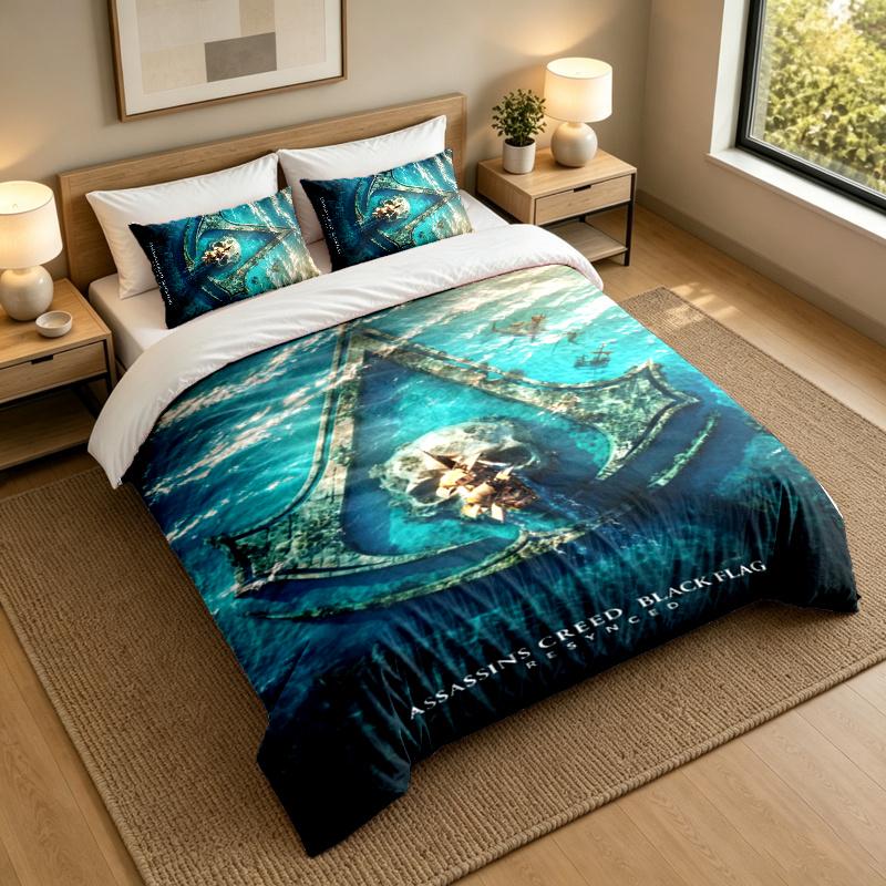 3-Piece Bed Sheet Set with Assassin's Creed Design, 1 Flat Sheet and 2 Pillowcases for Bedroom