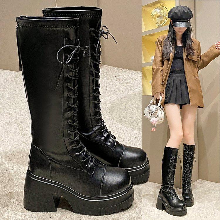 Trendy long boots women's small thick-legged long knight boots new autumn thick-soled lace-up high Martin boots