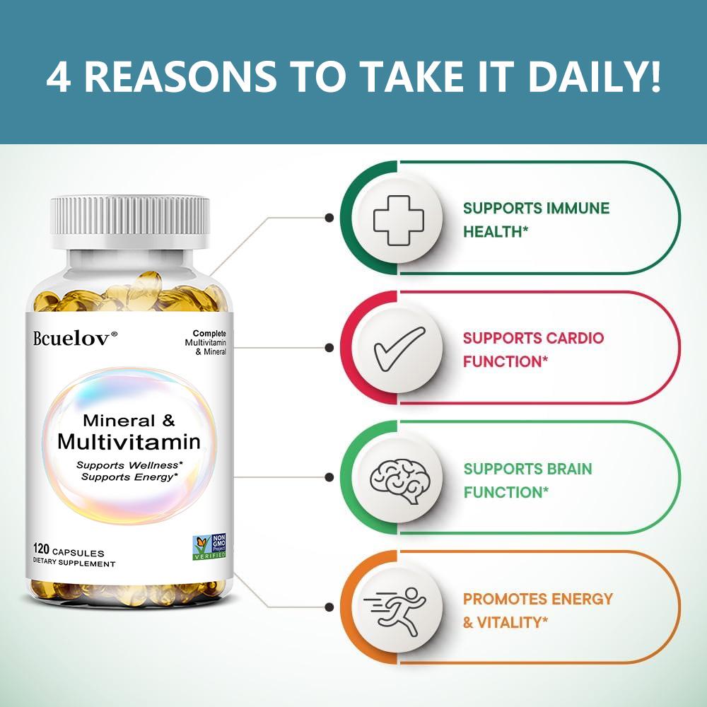Bcuelov Complex Vitamin Mineral Capsules Organic Fruits and Vegetables with Full Spectrum Nutrients Improve Energy Metabolism
