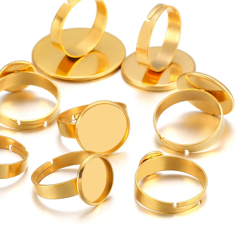 10pcs Gold Stainless Steel Adjustable Ring Settings Blank Base 8 10 12 20 25mm Cabochons Ring Bezel for Jewelry Making Supplies
