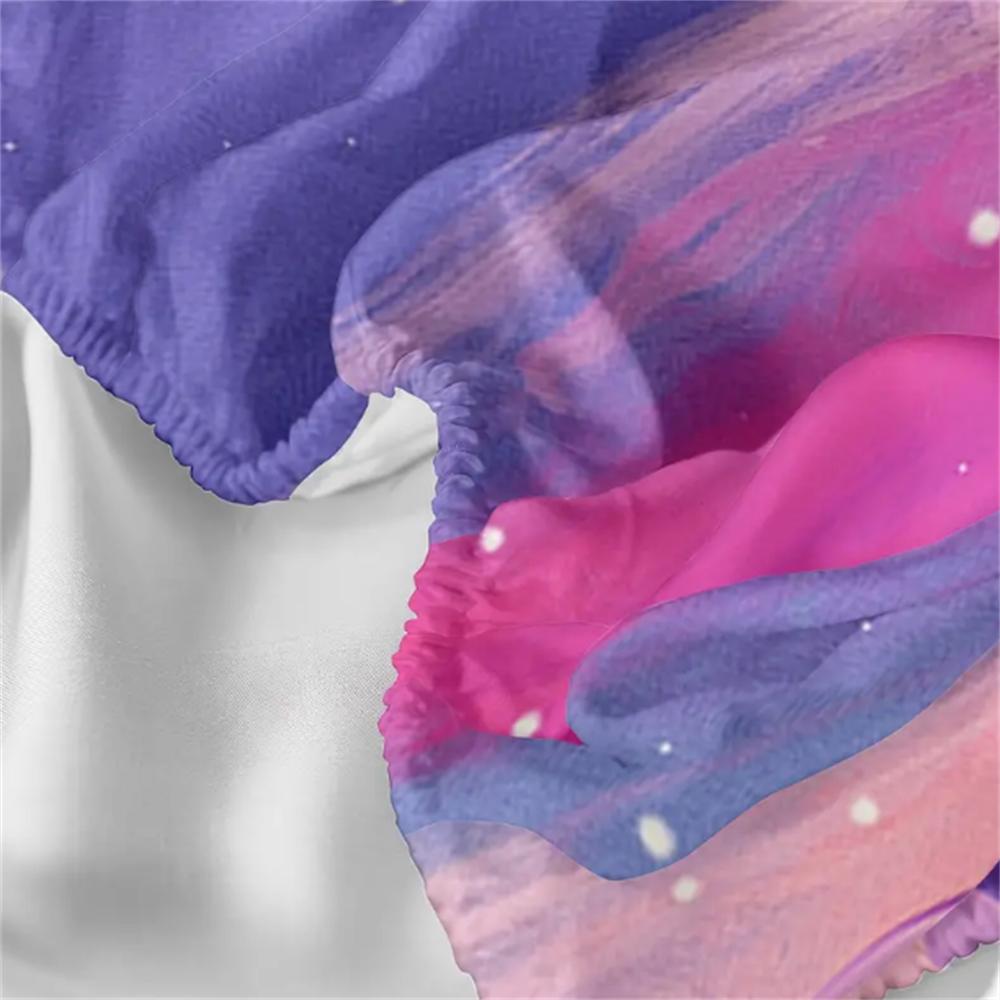 3pcs 100% Polyester Cute Cartoon Cat Print Fitted Sheet Set Bedroom Decoration, Purple Floral Starry Sky Pattern Bedding Set