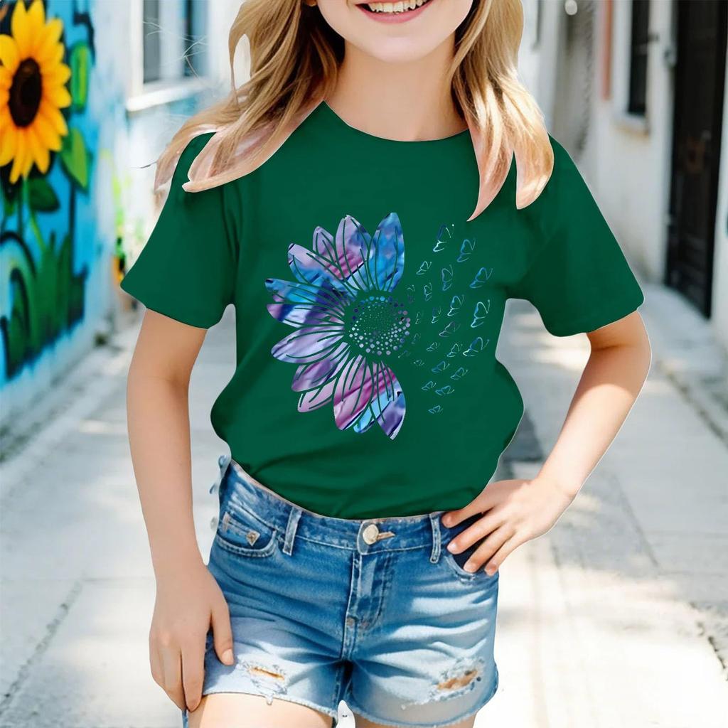 Kindermode Kurzarm Rundhals Floral Bedruckt Lässiges T-Shirt Top