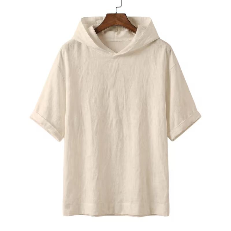 Mens Linen Hooded Short Sleeve T Shirt Loose Fit For Beach Vacation
