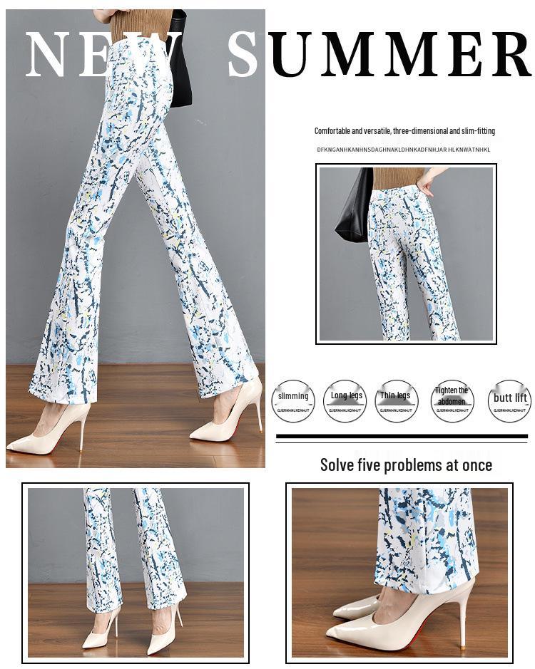 2024 Floral Plaid Elastic Waist Slimming Micro Flare Women's Pants