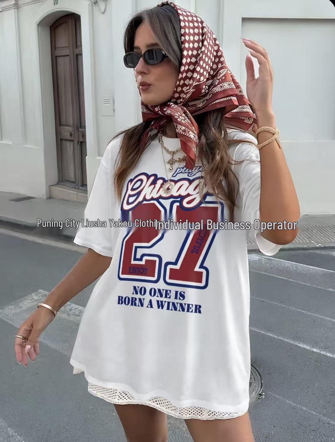 

Летняя повседневная футболка с принтом букв из чистого хлопка 2025 – Универсальный и flattering топ с коротким рукавом XXL белый