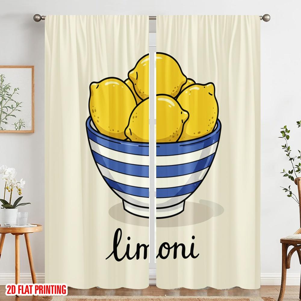 2pcs 2D Flat Printing Party Window Curtains Bowl of Lemons Fabric Without Electricity Festive Wall Decor Use for Decorations