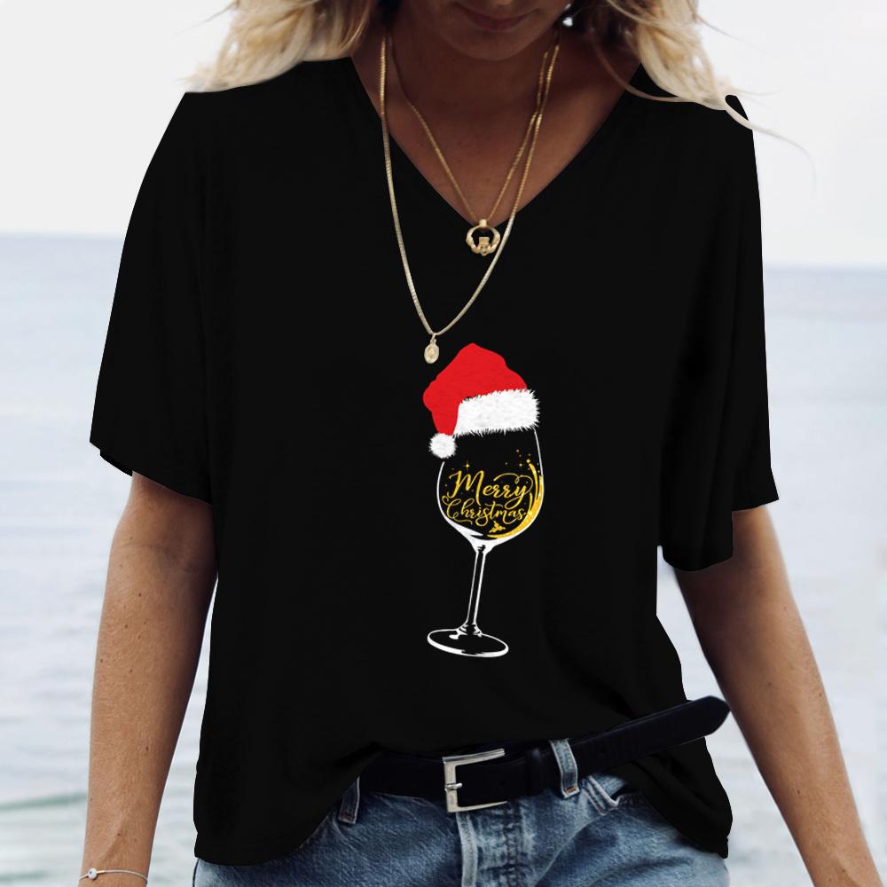 Weihnachts- Weinglas Muster Druck Damen V-Ausschnitt T-Shirts Lässiger Kurzarm Pullover T-Shirt Mode Oberteile Damen T-Shirts Kleidung