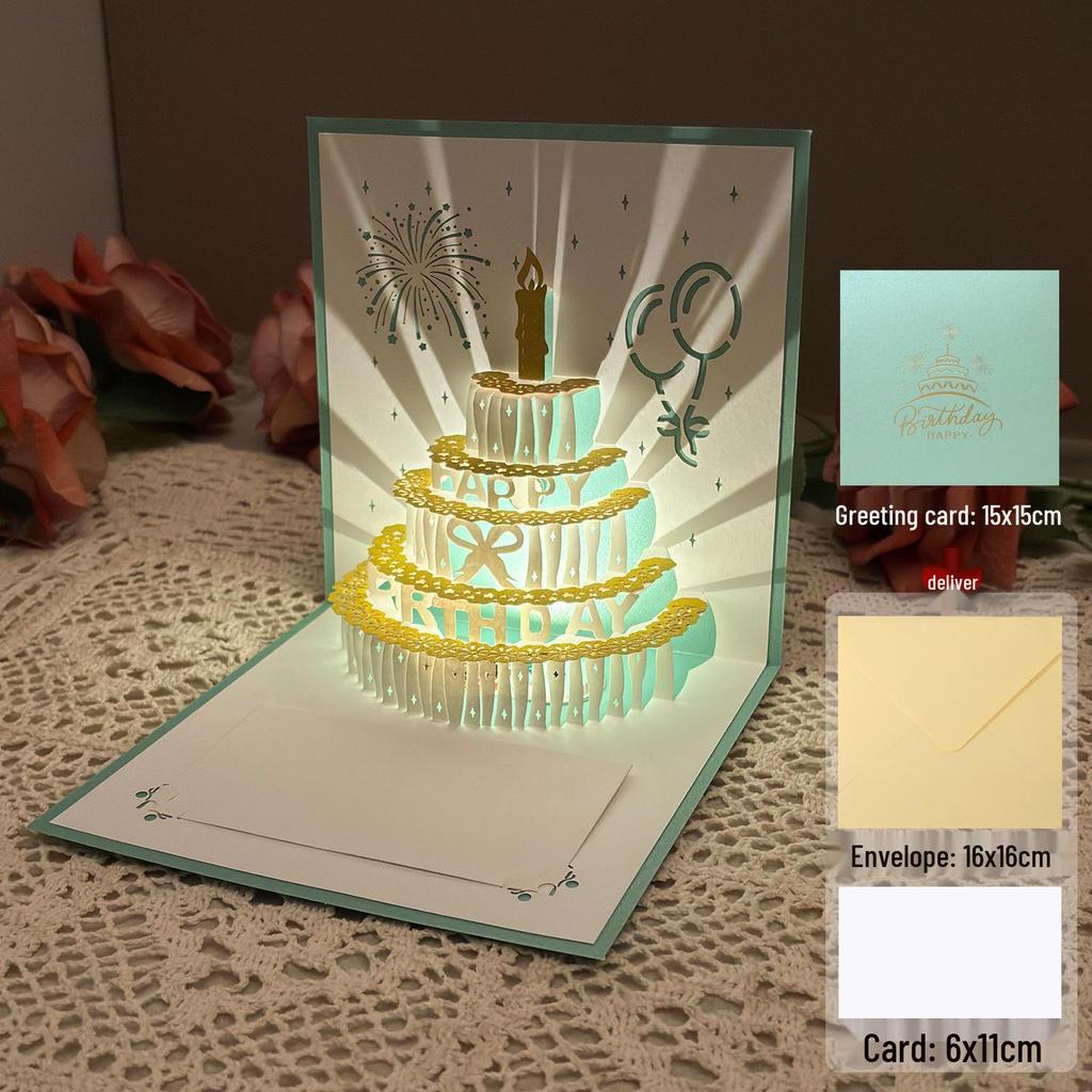 Dźwiękowa kartka urodzinowa 3D Pop-Up ze światłem do nagrywania - Wzór tortu na prezent dla chłopaka/dziewczyny