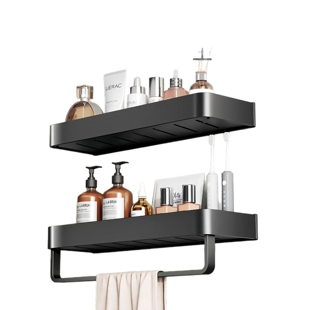 Black Space-Saving Aluminum Wall Shelf & Towel Rack - No Drilling Needed