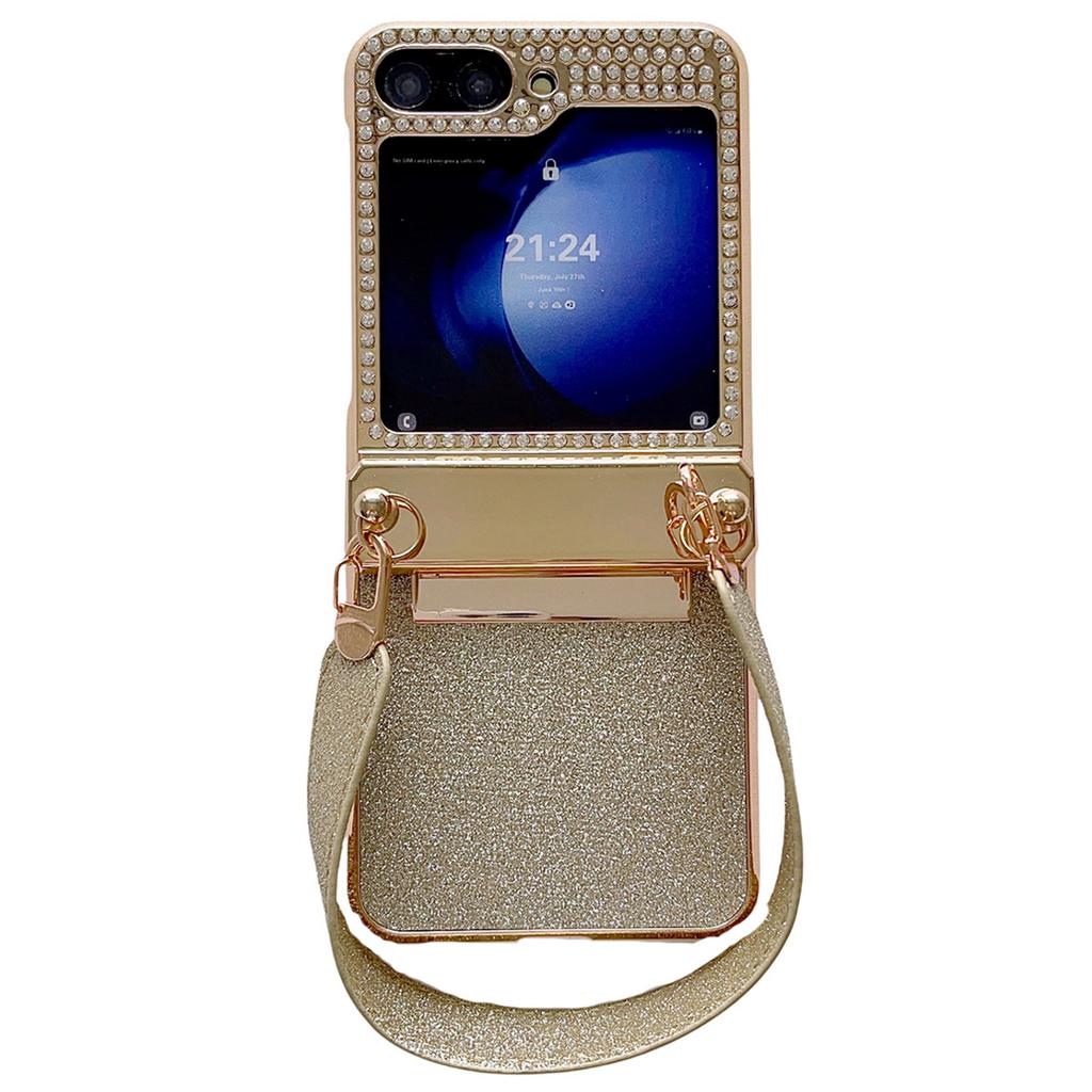 For Samsung Galaxy Z Flip7 FE 5G/Z Flip6 5G/Z Flip5 5 Case Hinge Protection Hard PC Glitter Phone Cover with Wrist Strap