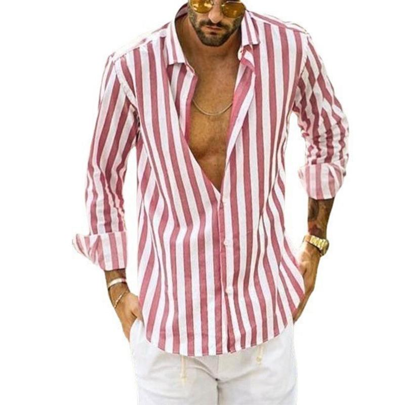 Men Fashion Vertical Striped Long Sleeve Casual Button Down Dress Beach Shirt