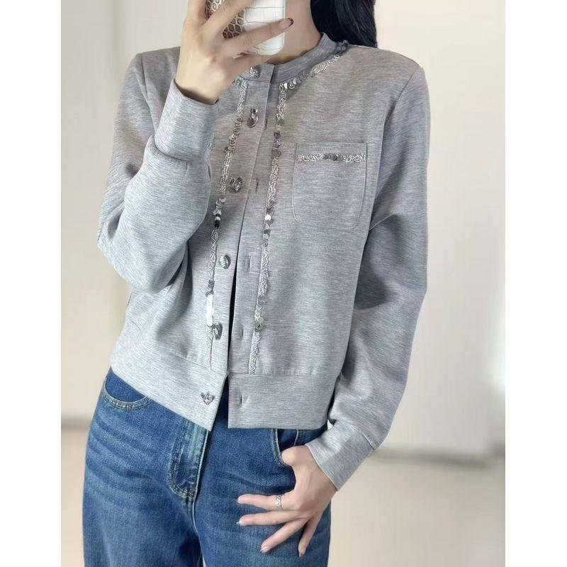 

Handmade Beaded Sequins Starlight Tops! Dynamic and Capable Women s Air Cotton round Neck Single-Breasted Short Outwear Grey 4XL