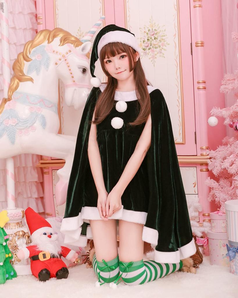 Milky Time 3-Piece Christmas Santa Costume Set for Women, Adult Santa Claus with Poncho Sleeves (Green, Size M)