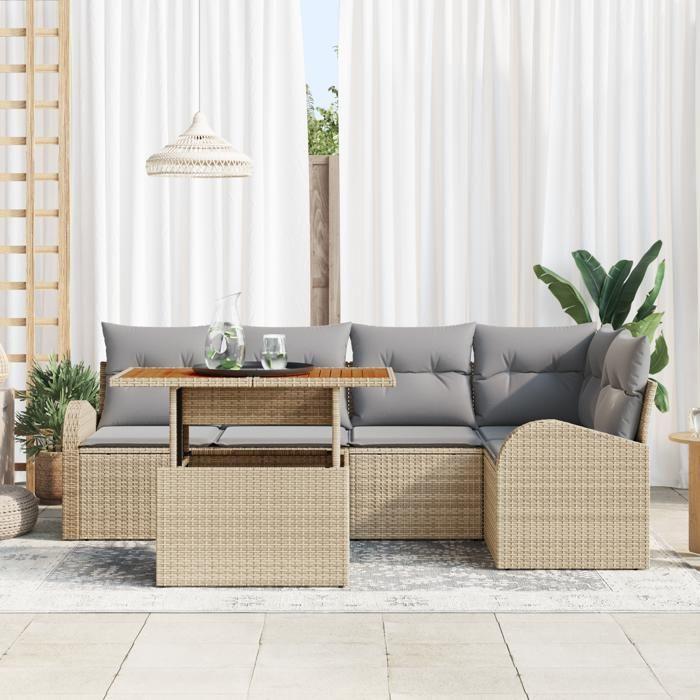 VidaXL Ensemble salle à manger jardin 6 pièces avec coussins Beige Poly Rattan Acacia 3349587