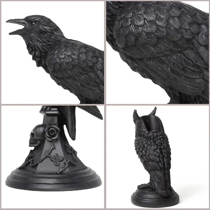 Gothic Crow Candle Holder Retro Black Owl Candlestick Sculpture Craft Halloween Statue Fun Atmosphere Home Decoration