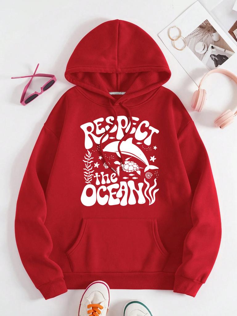 Respect The Ocean Shark Turtle Print Women Hoodie Pocket Hip Hop Hoody Multicolor Casual Pullovers Autumn Fleece Streetwear