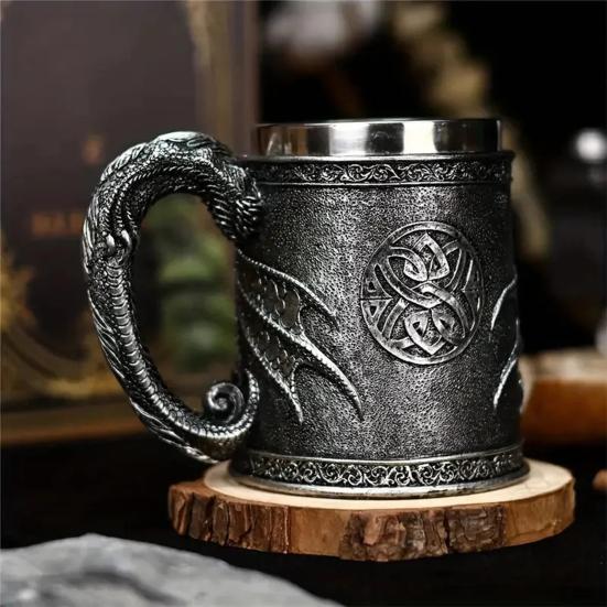 Kufel do piwa ze stali nierdzewnej 600 ml Retro kufel kubek do kawy kubek do herbaty średniowieczny smok żywiczny kubek dla miłośników fantasy