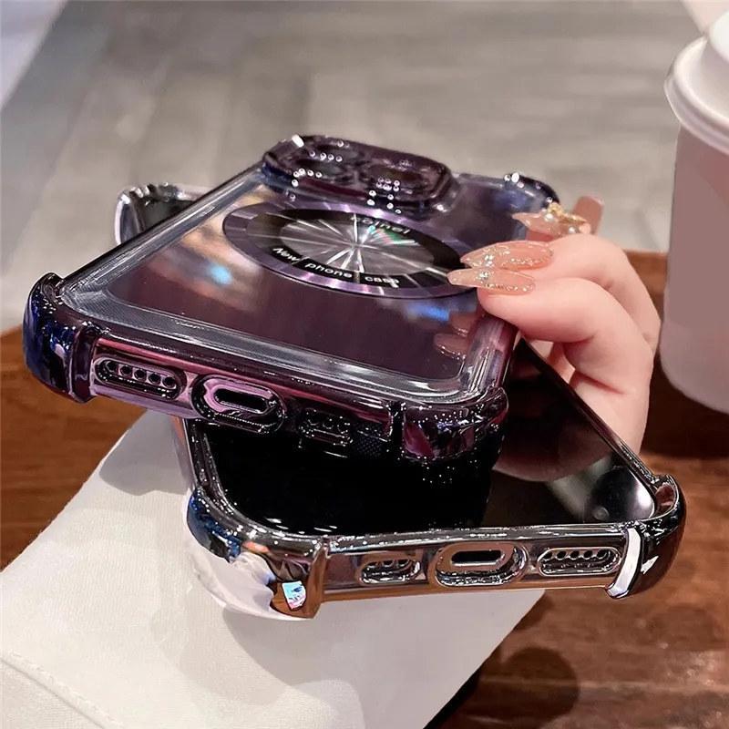 Luxury Plating Transparent For Magsafe Magnetic Case For iPhone 14 13 12 11 Pro Max 14Pro Shockproof Corners Clear Acrylic Cover