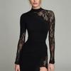 Elegantes Spitzen-Patchwork Schlankmachendes Langarm Durchsichtiges Kleid