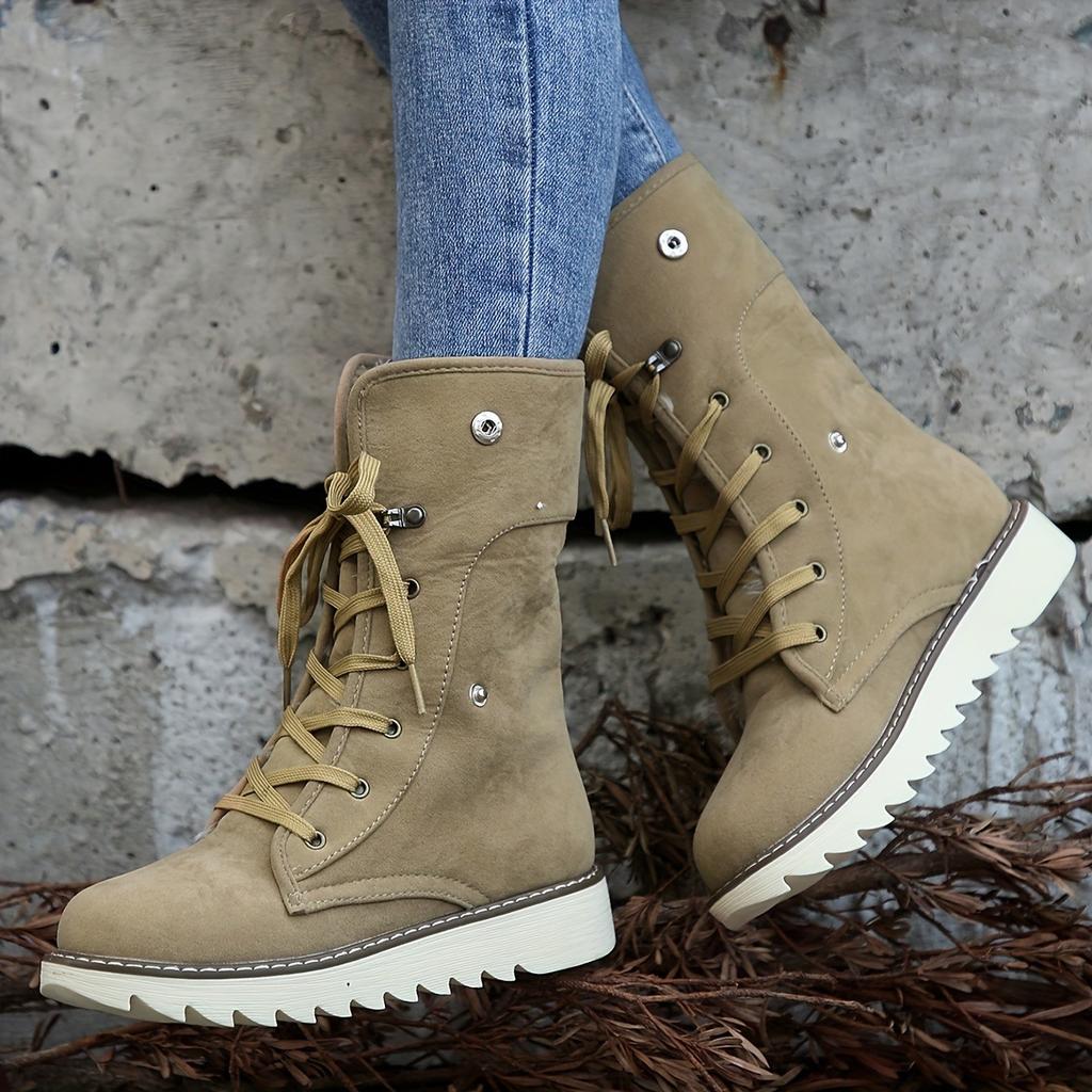 Women's Velvet Short Boots - Lace Up Round Head Flat Bottom Ankle Boots, Non Slip Outsole and Soft Inner Lining, Mid Barrel Style, Durable Grip Floor