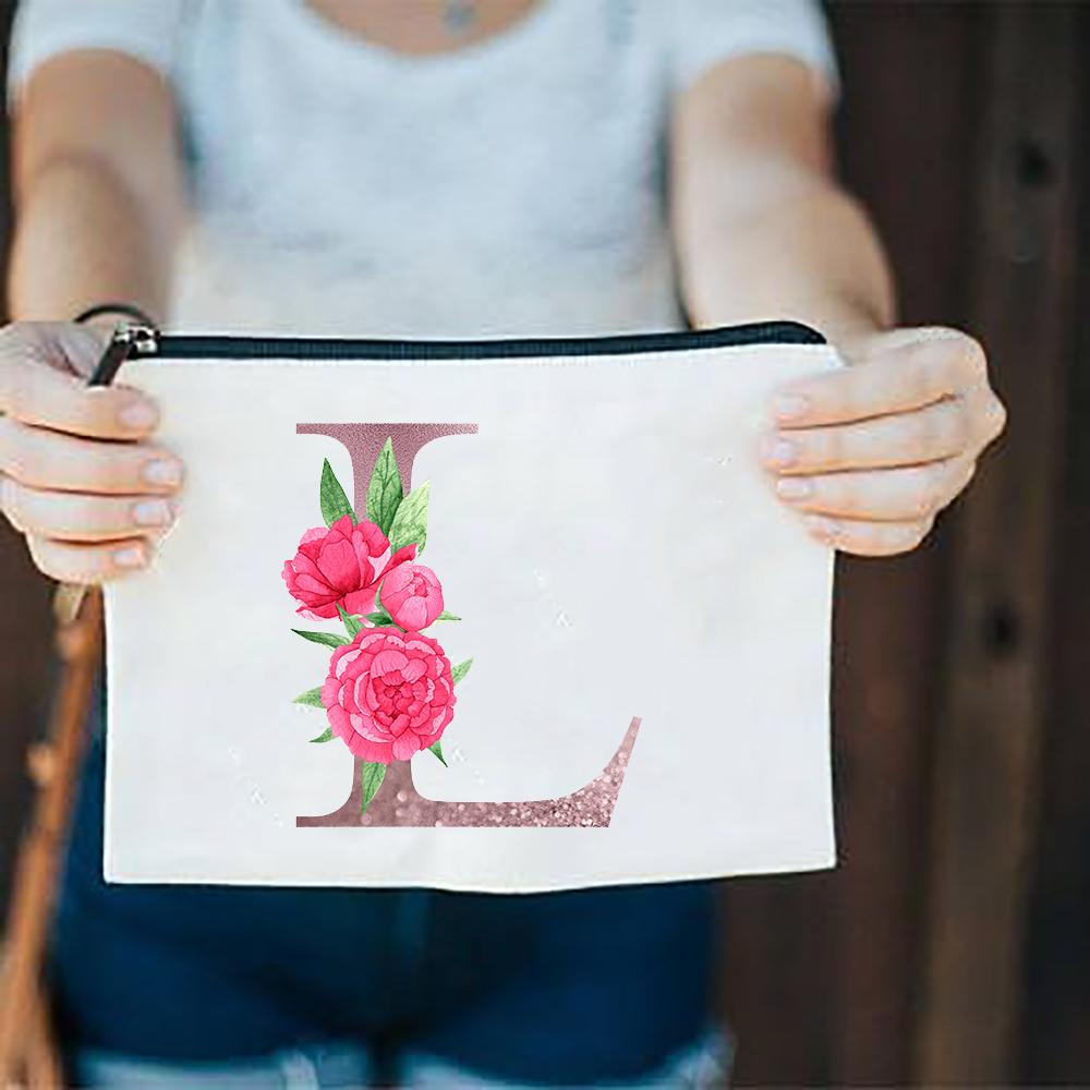 Pink Flowers Alphabet A-Z White Canvas Makeup Bags Zipper Cosmetic Pouch Ladies Casual Fashion Storage Organizer Make Up Bag