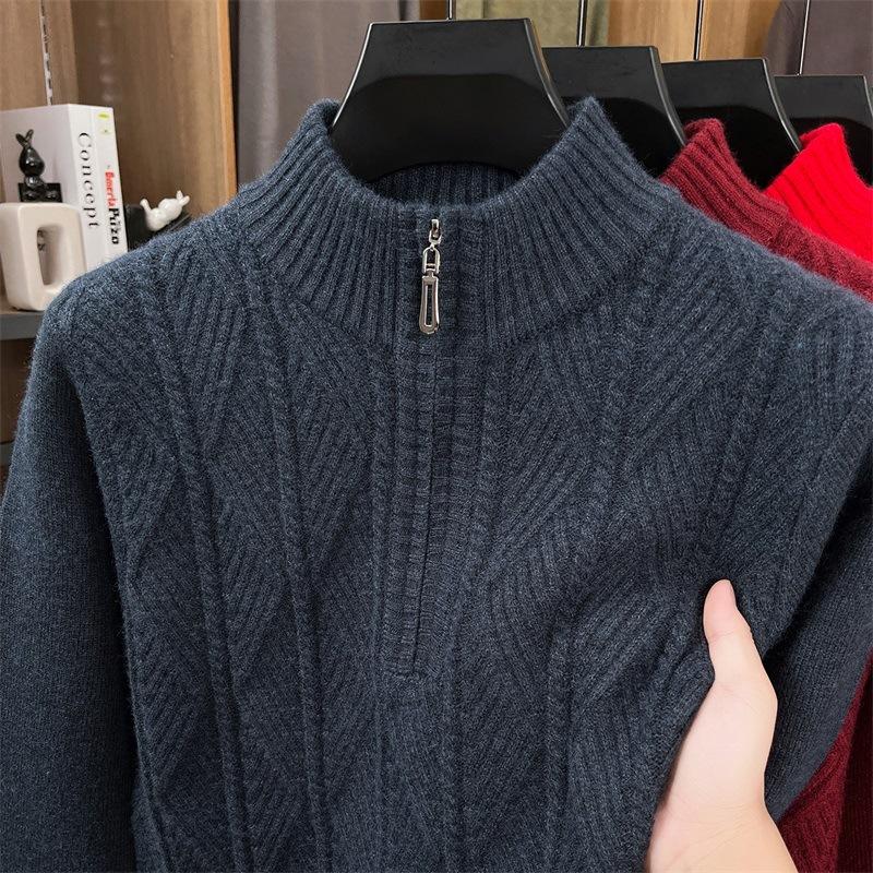 Mens Half Zip Thickened Pullover Knit Sweater Business Casual Warm Winter Bottoming Top