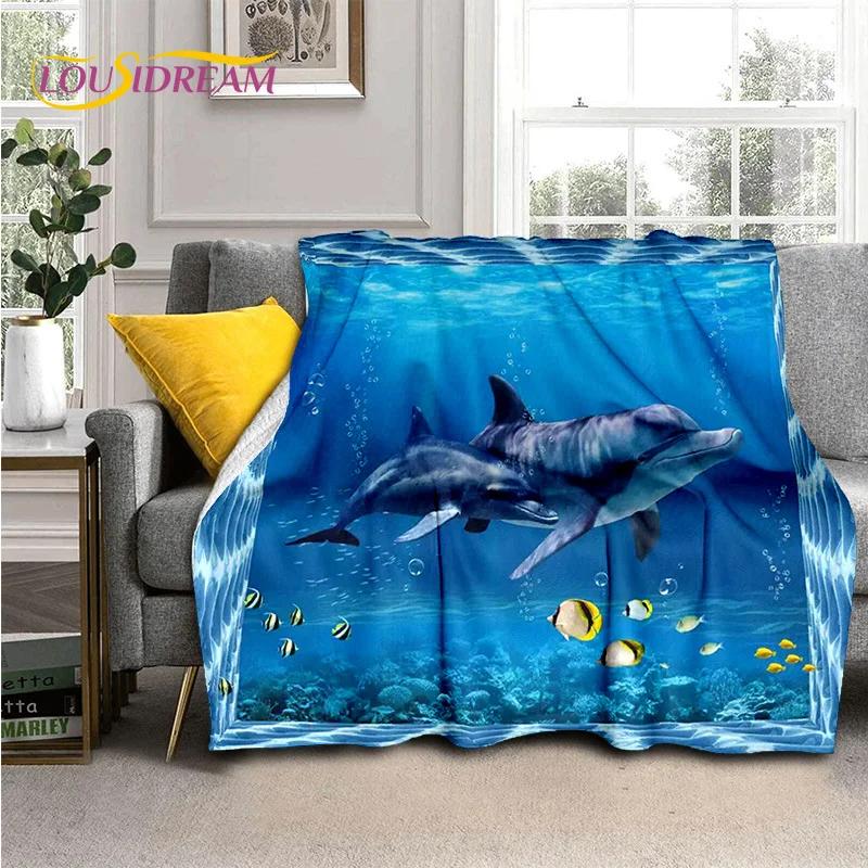 Underwater World 3D Illusion Seabed Cartoon Shark Dolphin Blanket,Soft Throw Blanket for Home Bedroom Bed Sofa Travel Cover Kids