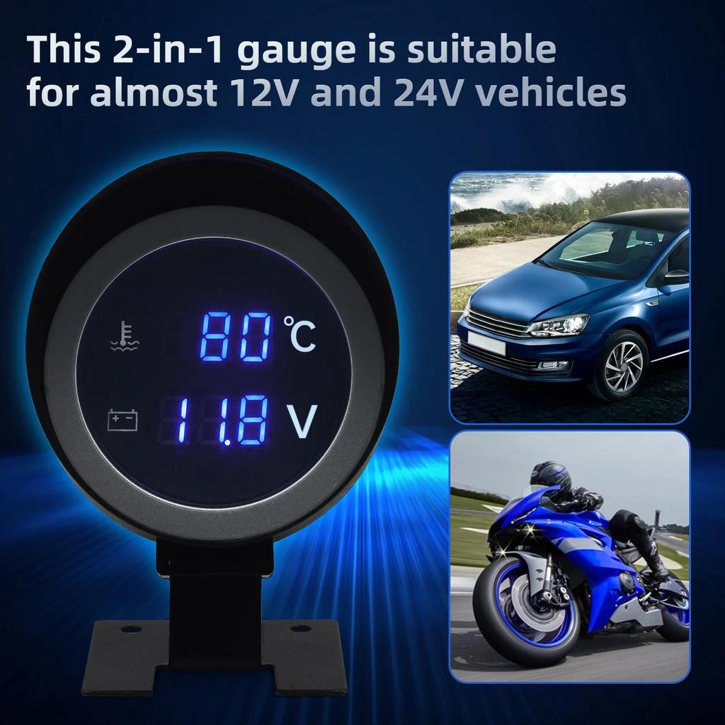2 In 1 Round LED Digital Water Temp Gauge Voltmeter Volt Voltage Meter Temperatura Moto For 12V24V Car Truck Temperature Sensor Coolant Temperature 4