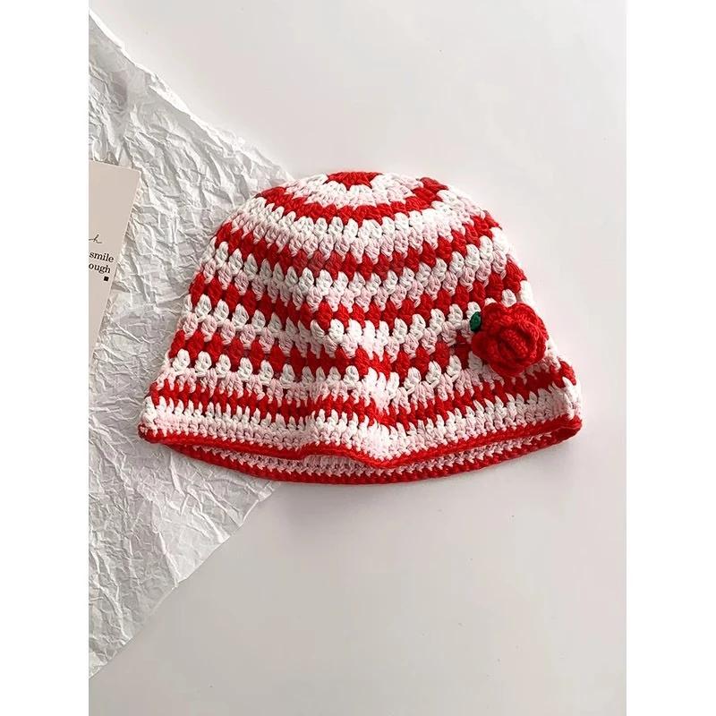 Y2K Korean-Japanese Hand Bucket Crochet Bucket Hats For Women Spring Autumn Winter Sun Cap Female Bow Designer Bob Basin Gorro