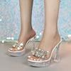 Women's New 12CM Sexy Transparent Thick Heel Shoes - Fashionable Crystal Square Head with Rhinestone, Non-Slip for Nightclub & Car Model