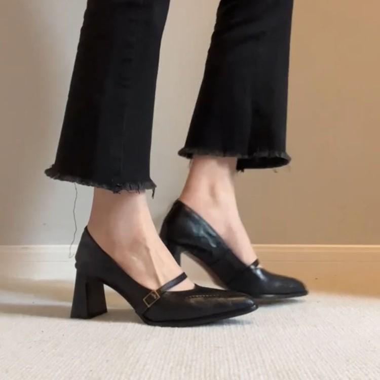 Sheepskin Version - Retro Pointed High-heeled Mary Jane Shoes Women's Light-mouth Buckle Thick-heeled Single Shoes