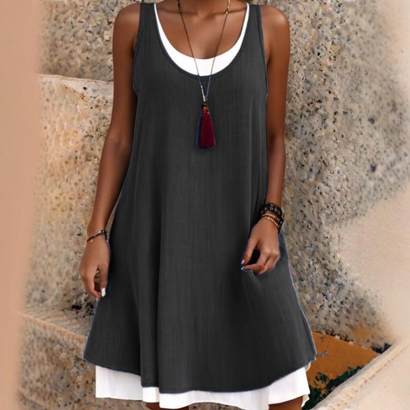 TIFICY Damenmode Sommer Frühling Einfarbig Druck Ärmellos U-Ausschnitt Lockere Taille Freizeitkleider