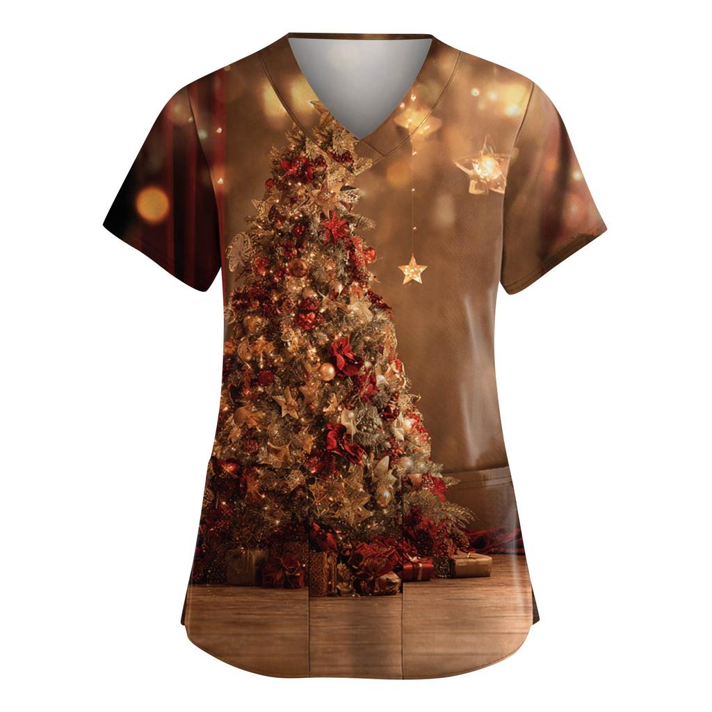 Women's Fashion V-Neck Short-Sleeved Workwear With Pockets Christmas Print Top Caregiver Uniform