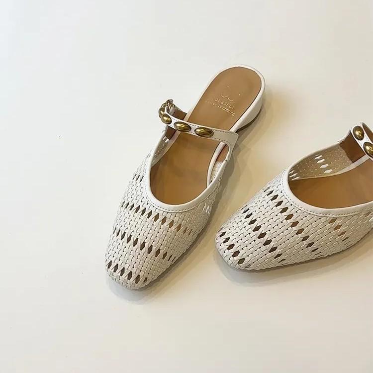 Sheepskin version~ Lazy design feeling hollow and breathable Roman style bag head half slippers women's summer wear French sandals