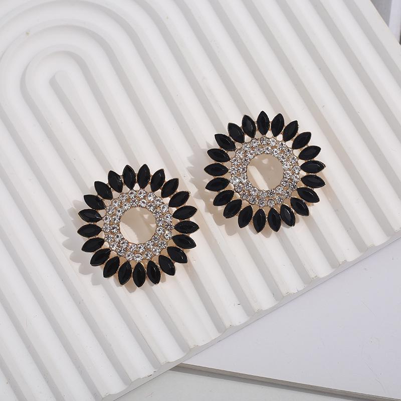 European and American Sunflower Stud Earrings: Colored Inlaid Diamond, Double Layer Round Flower Design