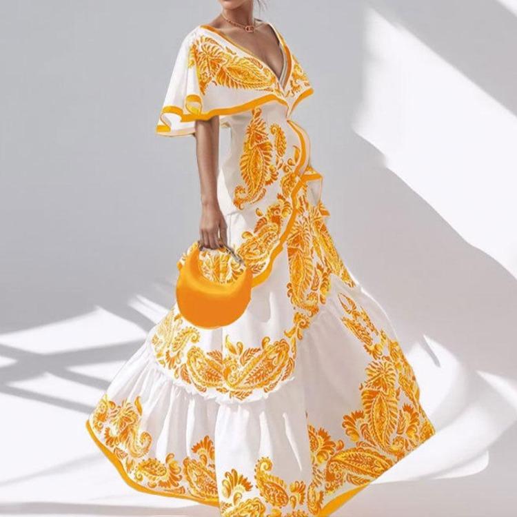 Spring Women Dress Elegant Printed V Neck Ruffled New Clothing S