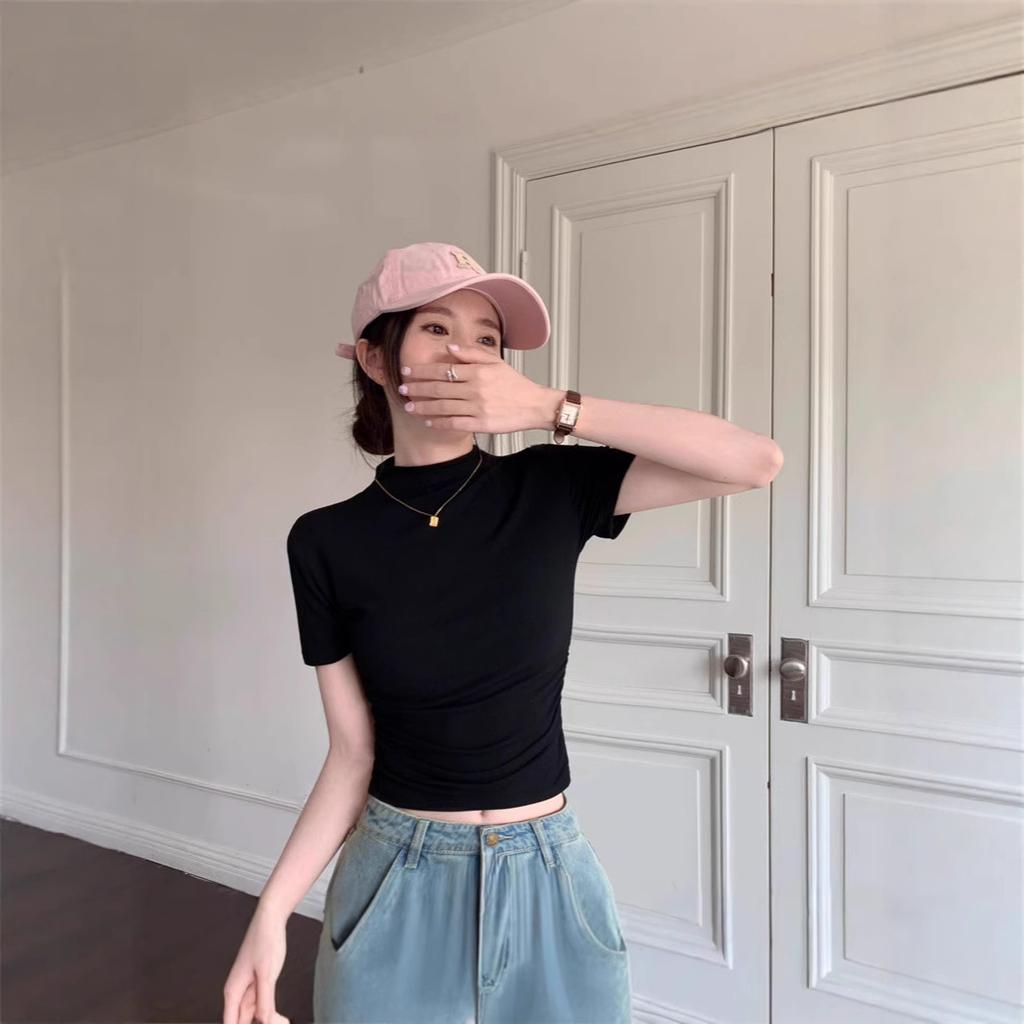 Semi-turtleneck solid color short-sleeved T-shirt women's summer new Korean version slim-fitting simple fashion versatile temperament top