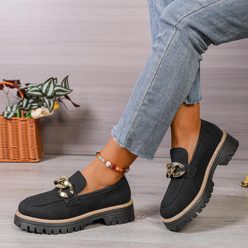 2025 Spring and Autumn New Foreign Trade Large Size Round Head Thick Sole Thick Heel Casual Metal Chain One-pedal Loafers