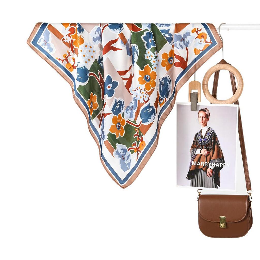 Versatile Korean-Style Women's Silk Scarf: Fashionable Square, Decorative for Spring & Autumn, Hair or Bag Tie, Oil Painting Design