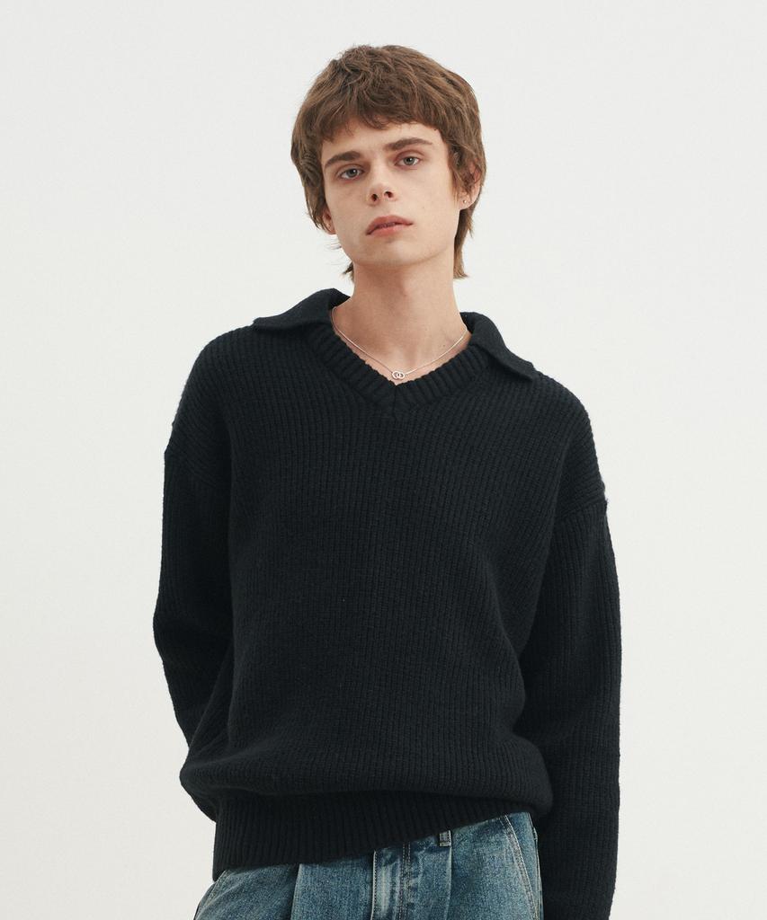 BLOND9 Open Collar V-Neck Knit_Black