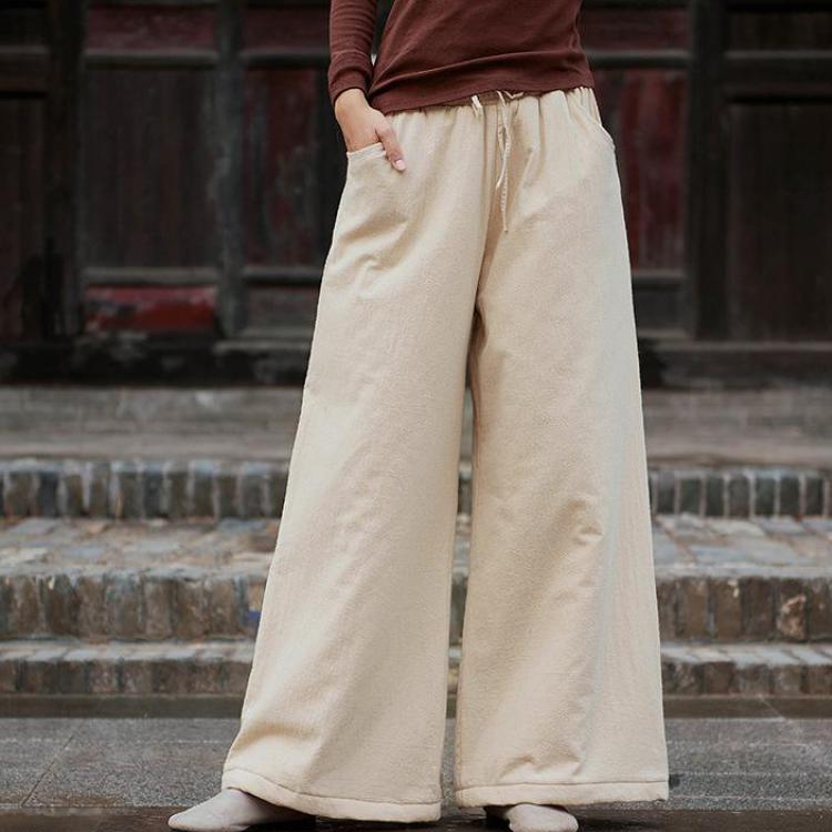 Johnature Fashion All-match Casual Retro Elastic Waist Wide Leg Pants Autumn Winter Simple Comfortable Women Warm Pants