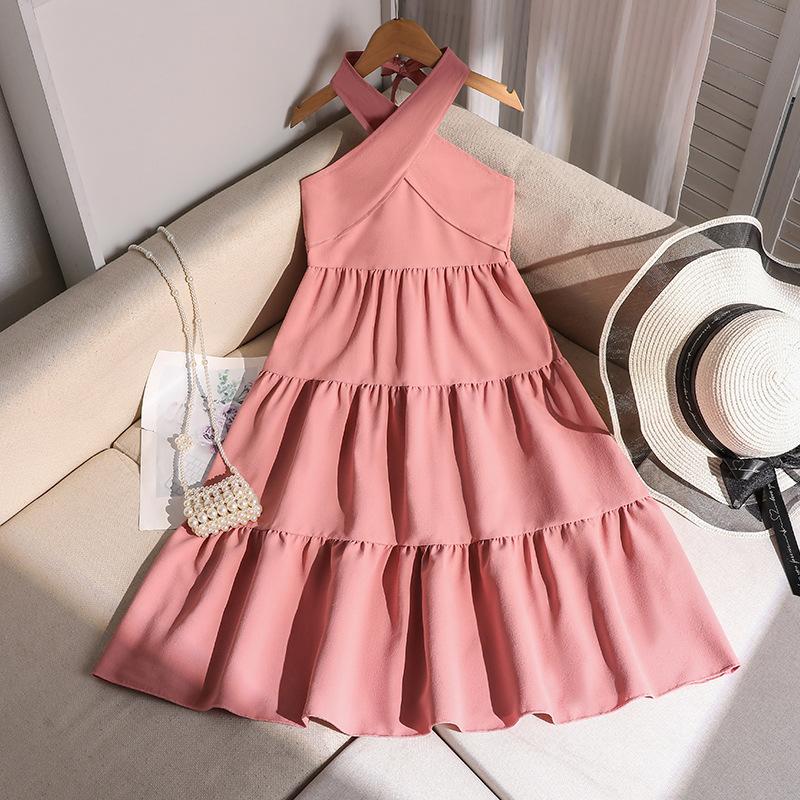 

Модное летнее платье для девочек, Детское однотонное платье-принцесса с перекрестным вырезом и открытыми плечами, Милое 130cm=8Y розовый