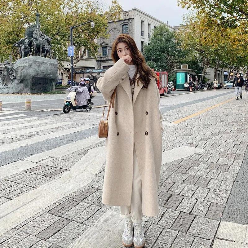 Women's Pink Double-Faced Cashmere Mid-Length Hepburn-Style Coat - 2025 Autumn/Winter Korean Fashion