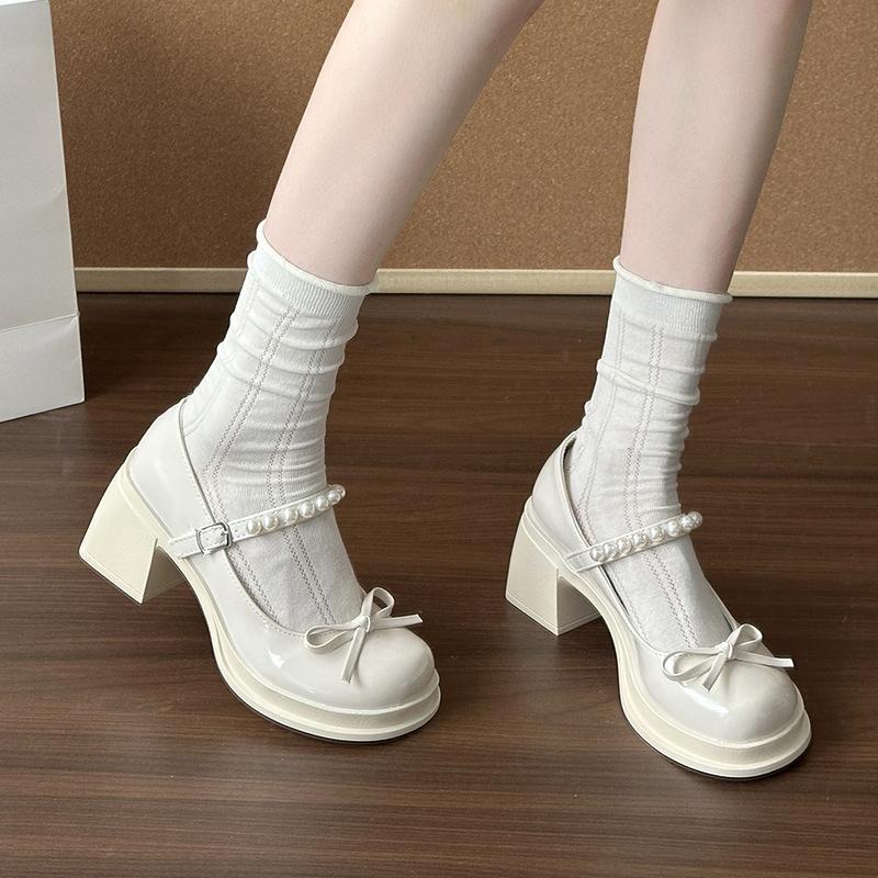 Sweet bow light mouth thick heel single shoes 2025 summer fashion one-word buckle belt Mary Jane high heel small leather shoes