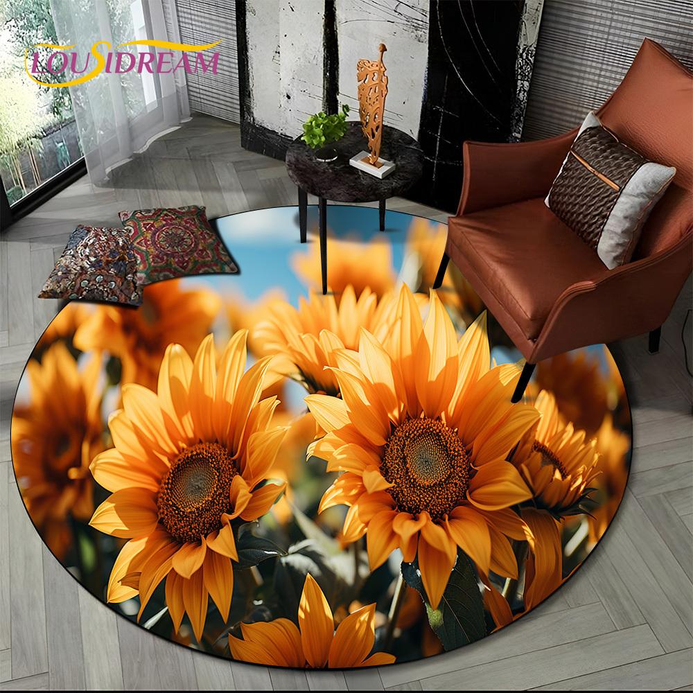 Luxuriöser Sonnenblumen 3D Rosen Nordische Gänseblümchen Runder Teppich Teppich für Wohnzimmer Schlafzimmer Sofa Dekor, Kinderbereich Teppich Rutschfeste Bodenmatte Geschenk