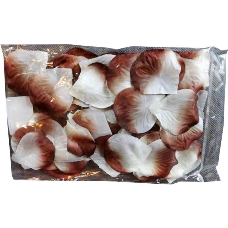 Fabric rose petals packed in a white and brown bag
