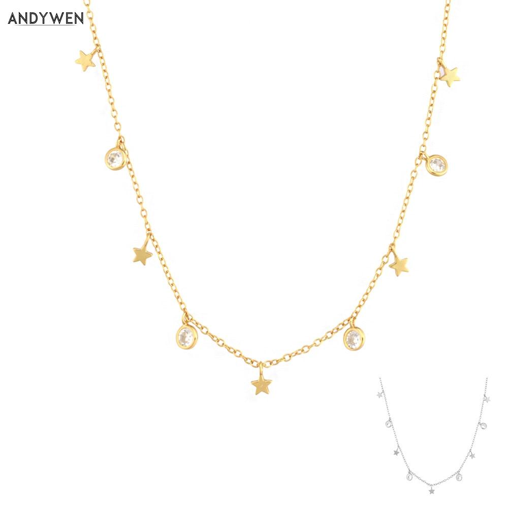 Andywen 925 Sterling Silver Gold Star Zircon Charm Choker Necklace Long Chain Jewelry  Tiny Jewels Wedding Gift